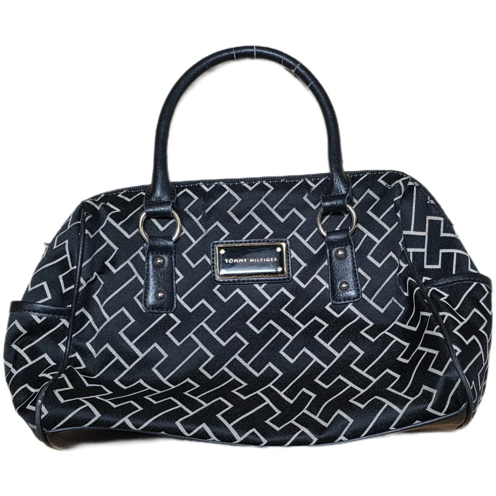 Tommy Hilfiger Satchel Handbag Purse Black White Geometric Print Faux Leather